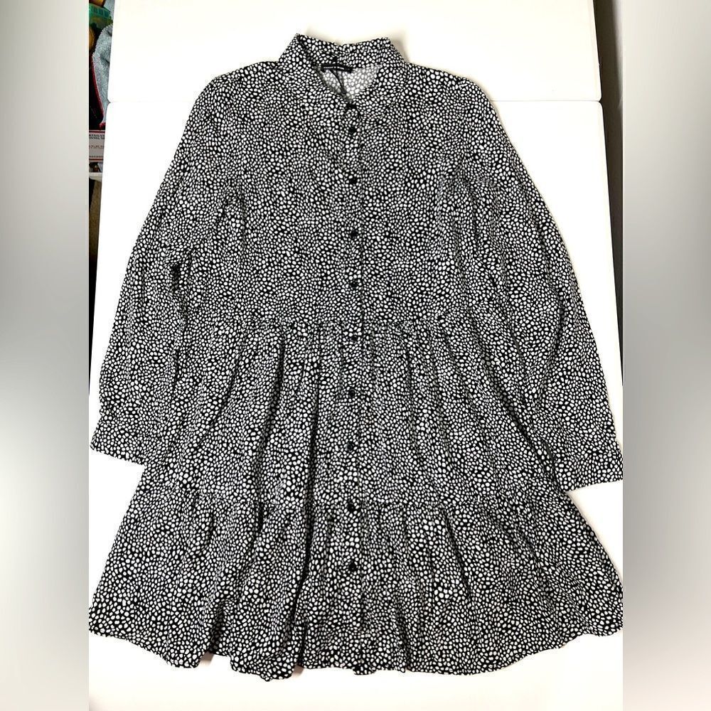 Tally Weijl Bohemian Black Ditsy Long Puff Sleeve Mini Smock Dress Size M